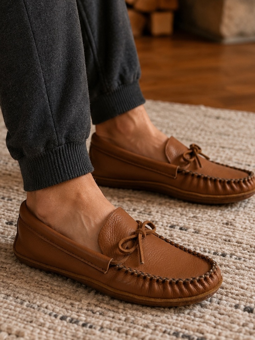 Genuine Leather House Moccasins Brown Slip On Padded Indoor Slippers Men's 13